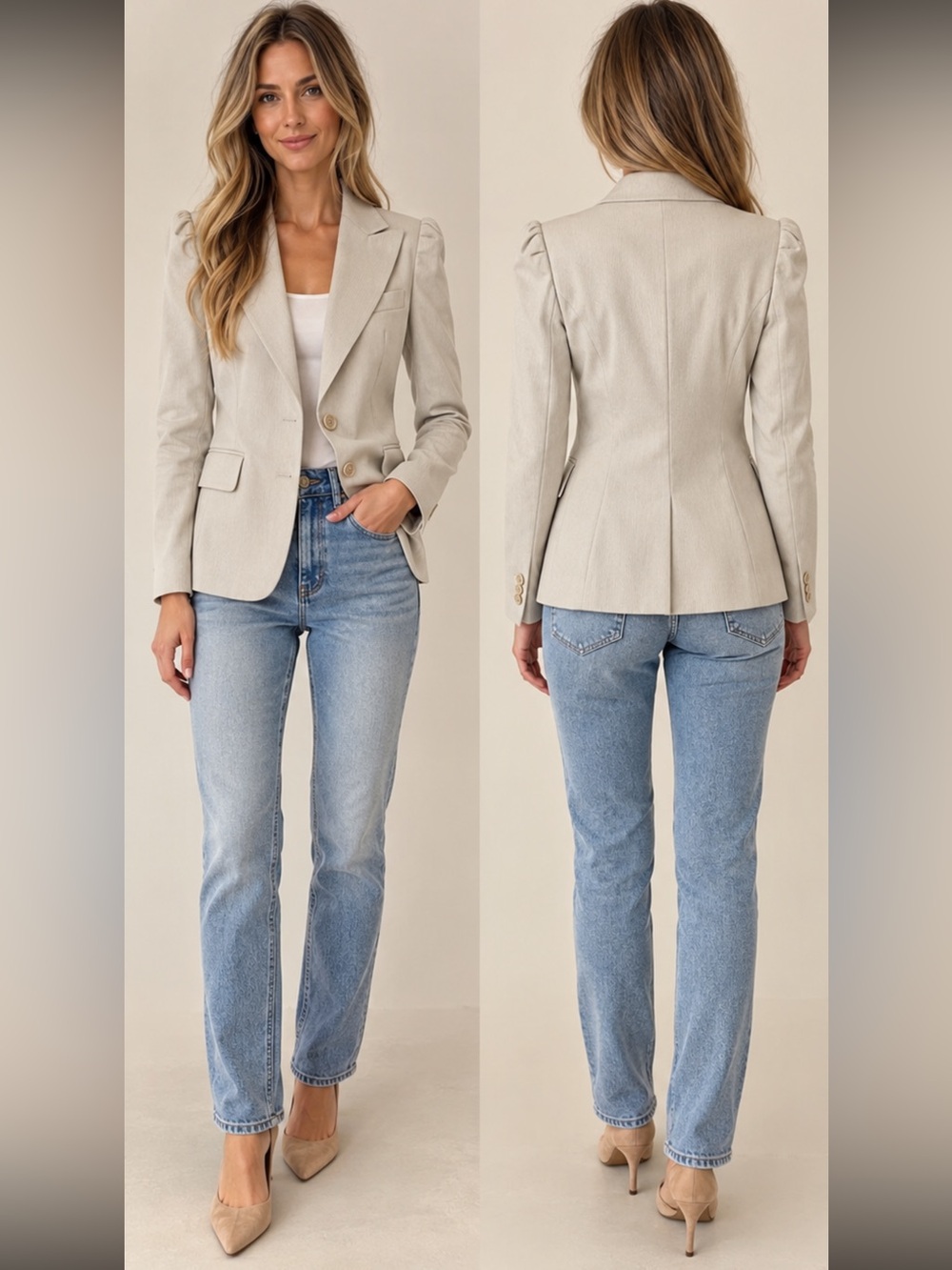 Theory Oatmeal Puff Shoulder Blazer Size P XS Quiet Luxury Workwear